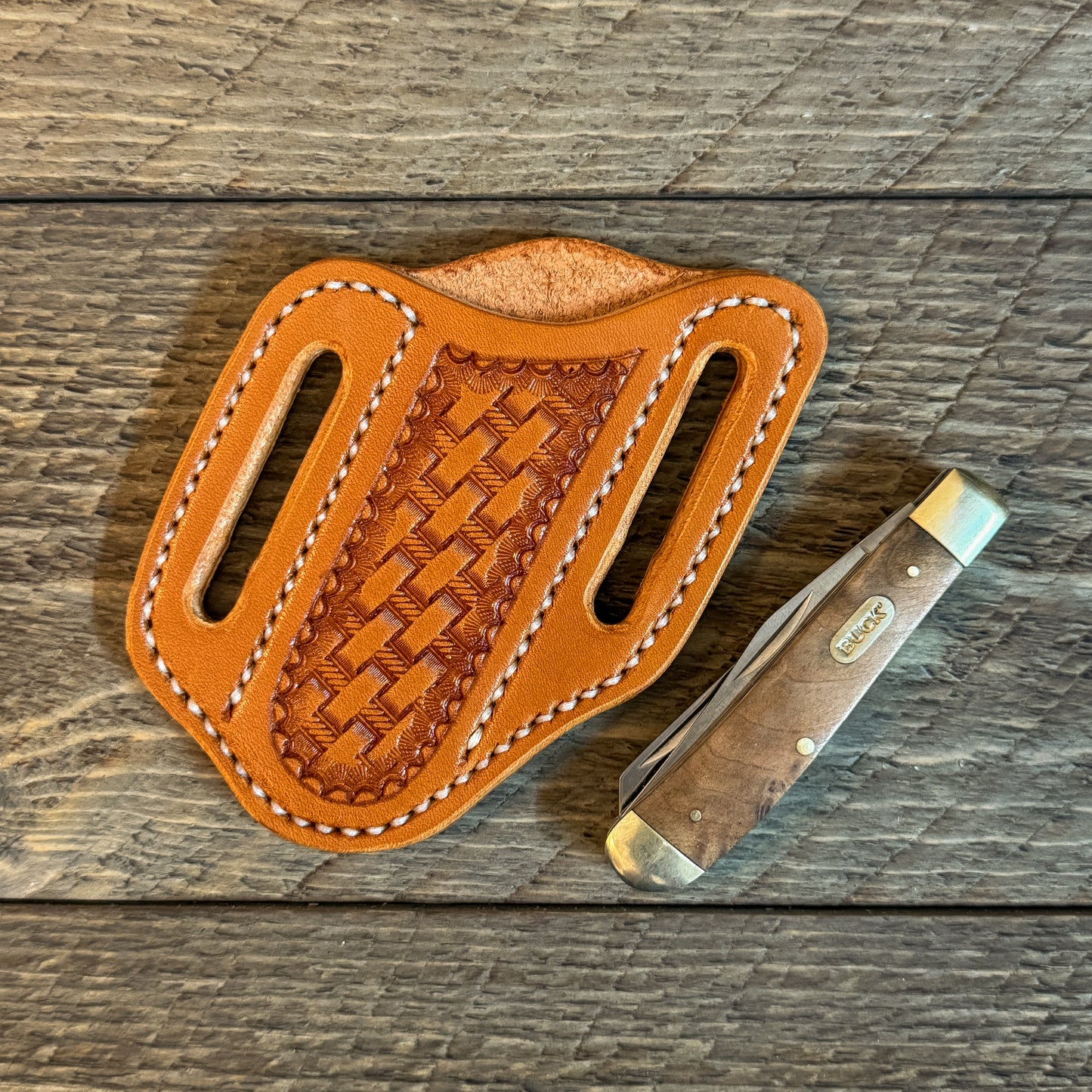 Basketweave Leather Trapper Knife Sheath - Russet