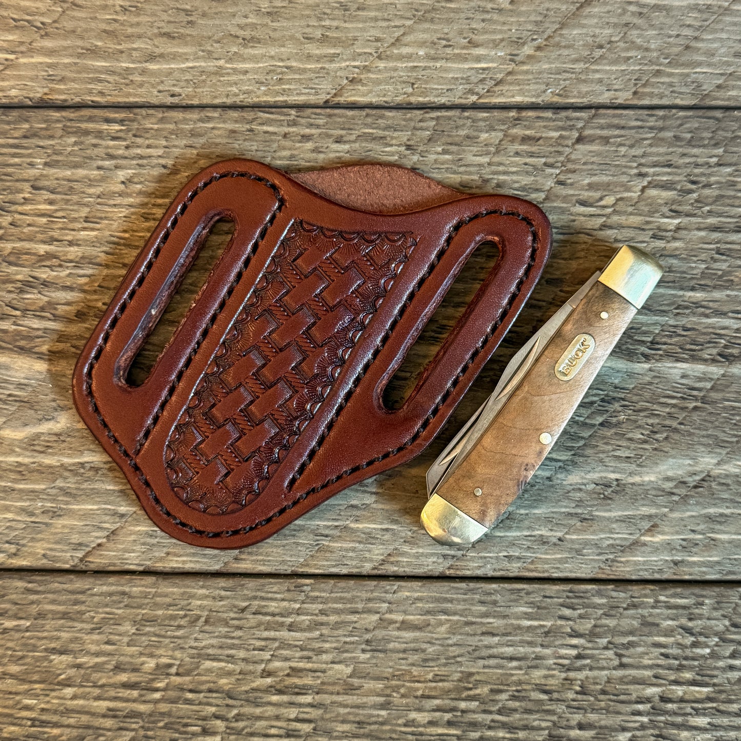 Basketweave Leather Trapper Knife Sheath - Chocolate