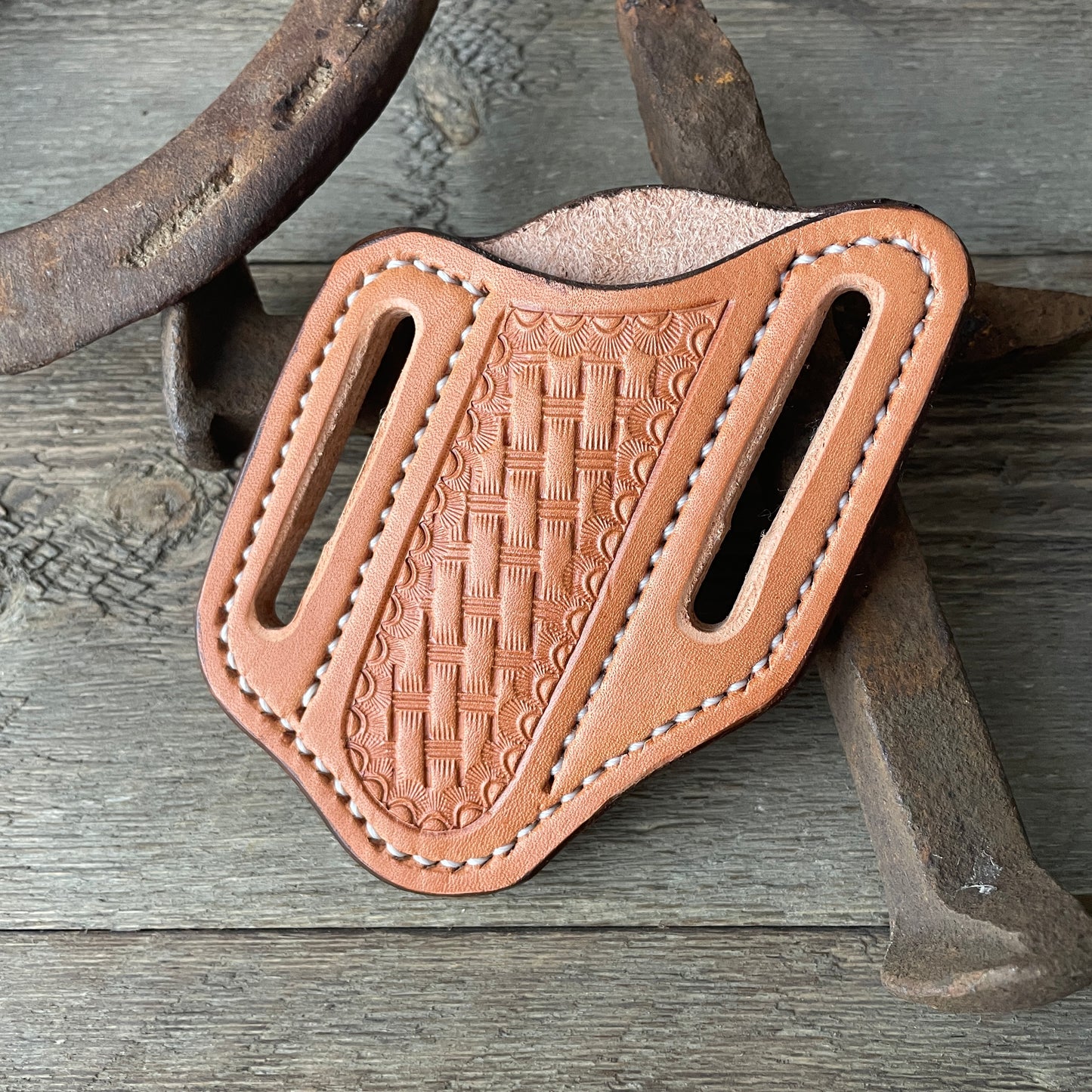 Tooled Leather Trapper Knife Sheath - Basketweave