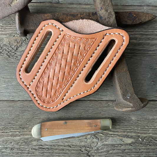 Tooled Leather Trapper Knife Sheath - Basketweave